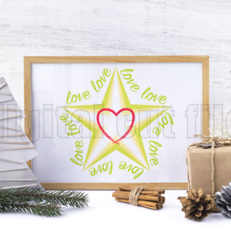 festive montage of a wrapped gift pinecone card shaped tree and frame with layered star shape surrounded by love words