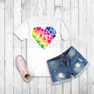 multiple coloured hearts in the shape of a heart on a white tshirt